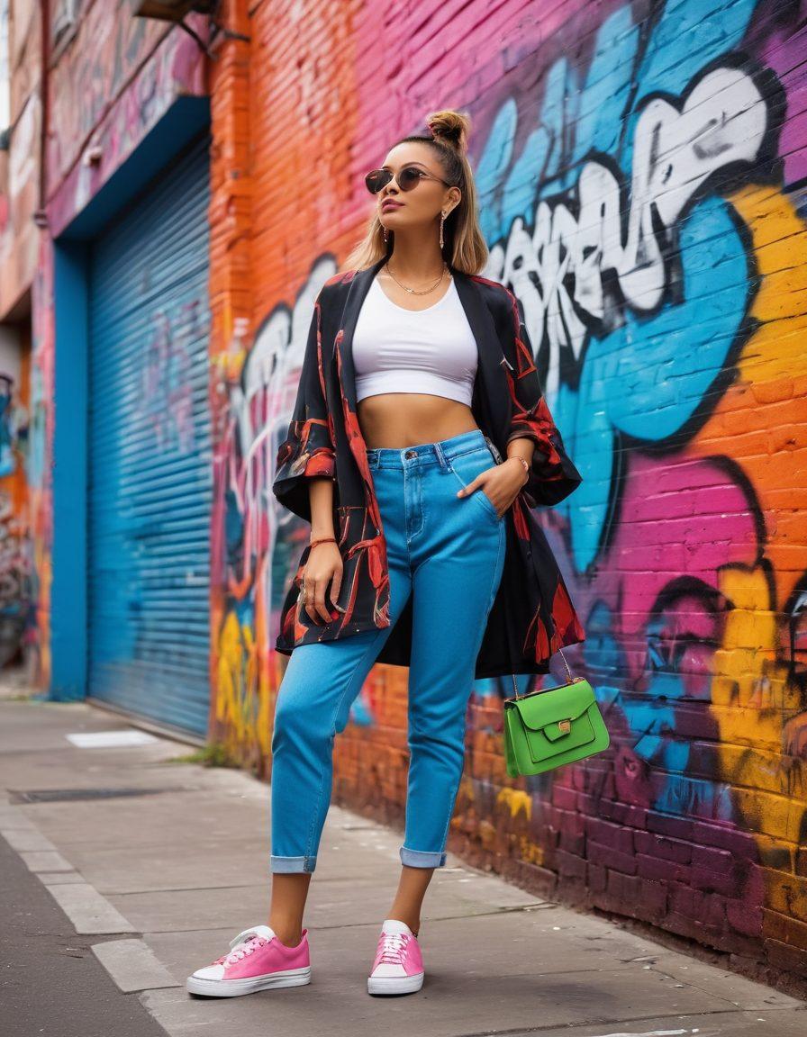 A vibrant urban street scene showcasing a fashionista transforming her wardrobe, with half her outfit in casual wear and the other half in bold urban chic. Include stylish accessories, trendy shoes, and a colorful backdrop of graffiti art. Capture the essence of confidence and change, with a diverse group of onlookers admiring the transformation. dynamic lighting for dramatic effect. street photography style. vibrant colors.