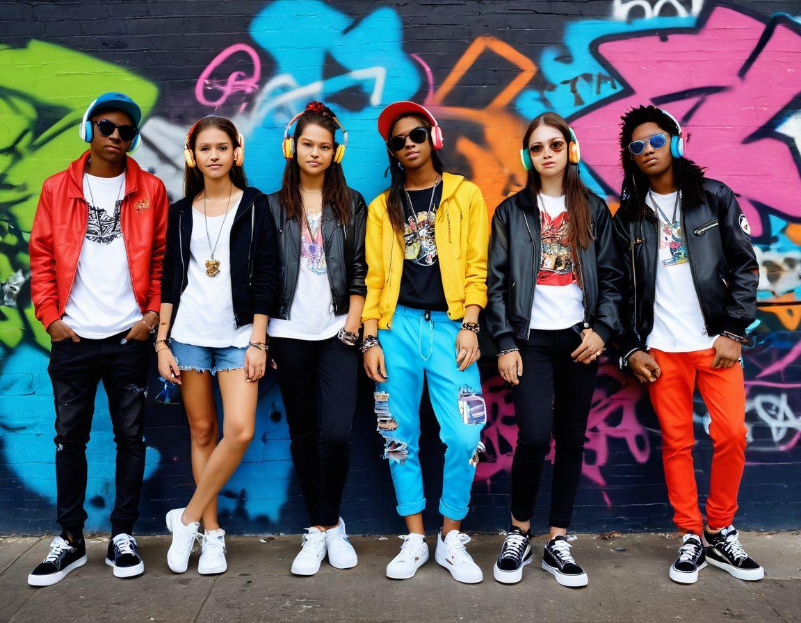 A vibrant street scene showcasing diverse young individuals expressing unique fashion styles, adorned with colorful accessories, capturing the essence of youth culture. Energetic urban background with graffiti art, reflecting modern trends and playful interactions among friends. Include elements like headphones, skateboards, and vintage clothing. super-realistic. vibrant colors. urban art.