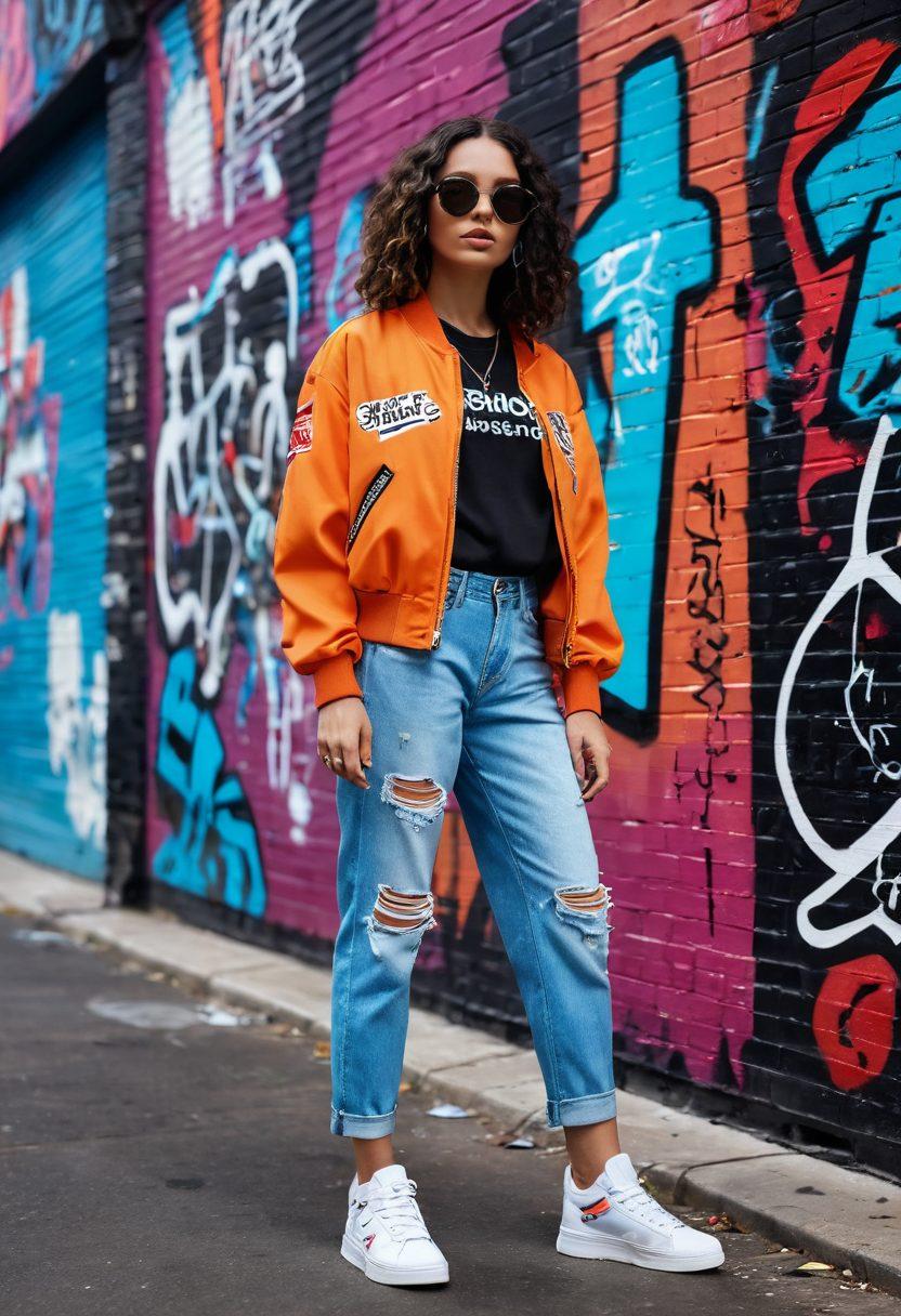 A stylish urban scene depicting a confident fashionista wearing edgy streetwear, surrounded by vibrant graffiti walls and trendy accessories. Her outfit mixes bold patterns with sleek silhouettes, showcasing statement pieces like oversized jackets and chunky sneakers. Include a lively city backdrop with blurred pedestrians for a dynamic feel, capturing the essence of urban chic. vibrant colors. street art style. 3D.